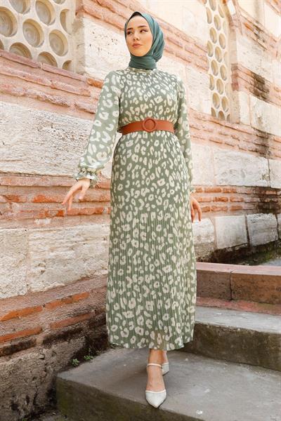 Kemerli Piliseli 2015 Şifon Elbise - Haki