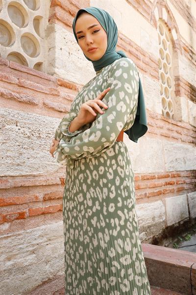 Kemerli Piliseli 2015 Şifon Elbise - Haki