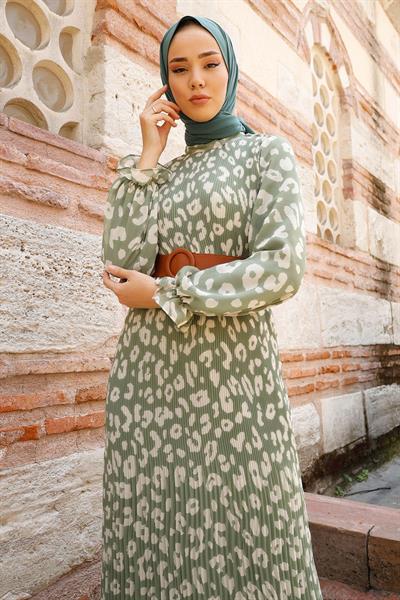 Kemerli Piliseli 2015 Şifon Elbise - Haki