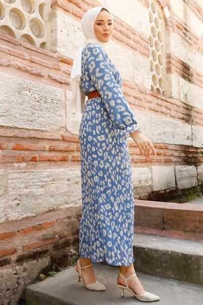 Kemerli Piliseli 2015 Şifon Elbise - İndigo