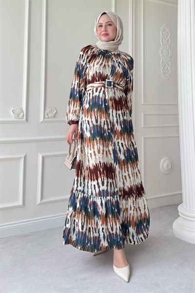 Kemerli Renkli Ebruli Kahverengi Viskon Elbise