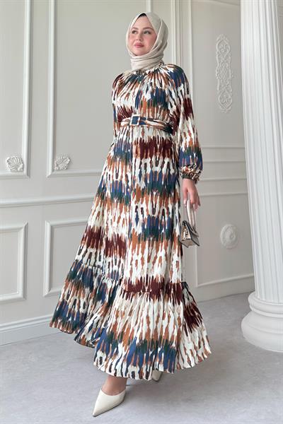 Kemerli Renkli Ebruli Kahverengi Viskon Elbise