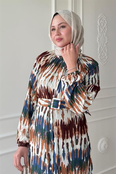 Kemerli Renkli Ebruli Kahverengi Viskon Elbise