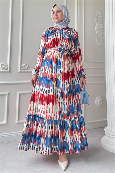 Kemerli Renkli Ebruli Kırmızı Viskon Elbise