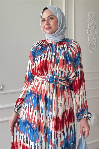 Kemerli Renkli Ebruli Kırmızı Viskon Elbise