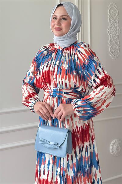 Kemerli Renkli Ebruli Kırmızı Viskon Elbise