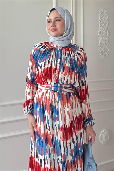 Kemerli Renkli Ebruli Kırmızı Viskon Elbise