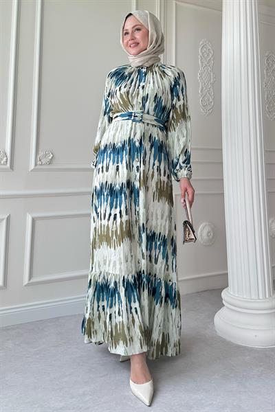Kemerli Renkli Ebruli Mavi Viskon Elbise
