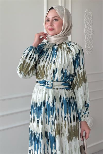 Kemerli Renkli Ebruli Mavi Viskon Elbise