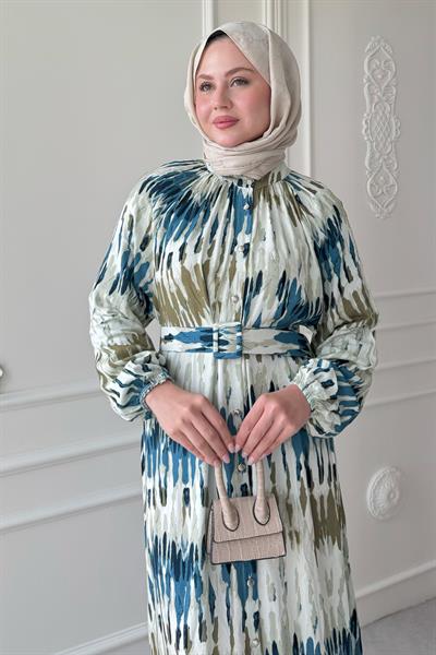 Kemerli Renkli Ebruli Mavi Viskon Elbise