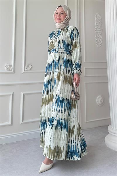 Kemerli Renkli Ebruli Mavi Viskon Elbise