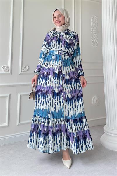Kemerli Renkli Ebruli Mor Viskon Elbise