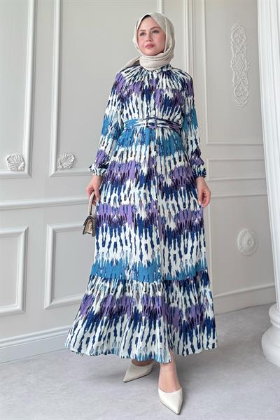 Kemerli Renkli Ebruli Mor Viskon Elbise