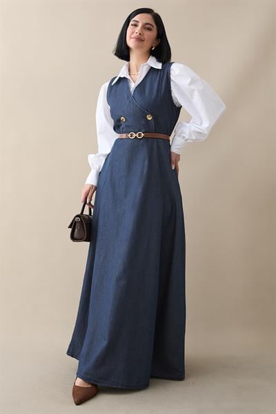 Kemerli V Yaka Koyu Mavi Kot Jile Elbise