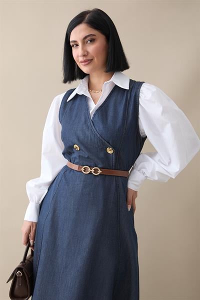 Kemerli V Yaka Koyu Mavi Kot Jile Elbise