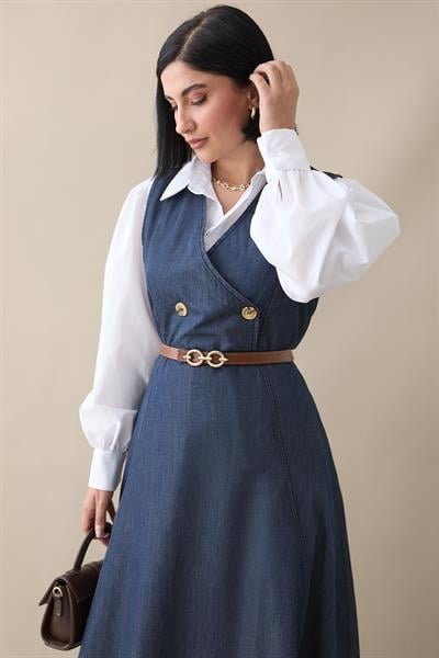 Kemerli V Yaka Koyu Mavi Kot Jile Elbise