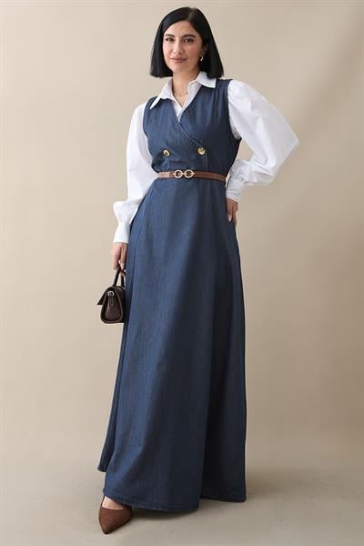 Kemerli V Yaka Koyu Mavi Kot Jile Elbise