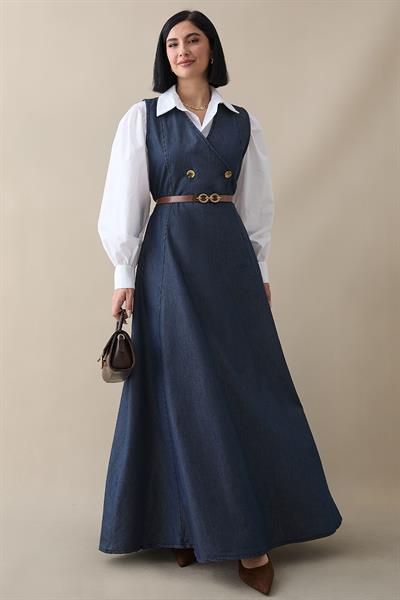 Kemerli V Yaka Koyu Mavi Kot Jile Elbise