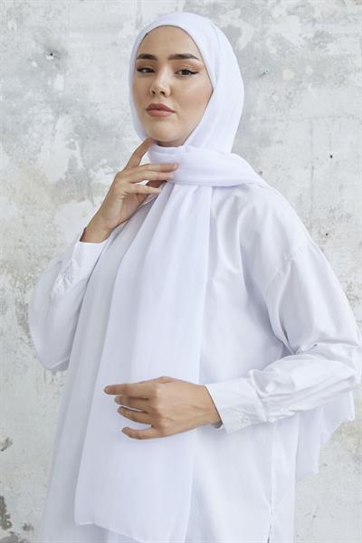 Kendinden Boneli Beyaz Şifon Şal