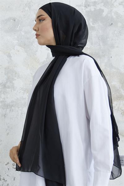 Kendinden Boneli Siyah Şifon Şal