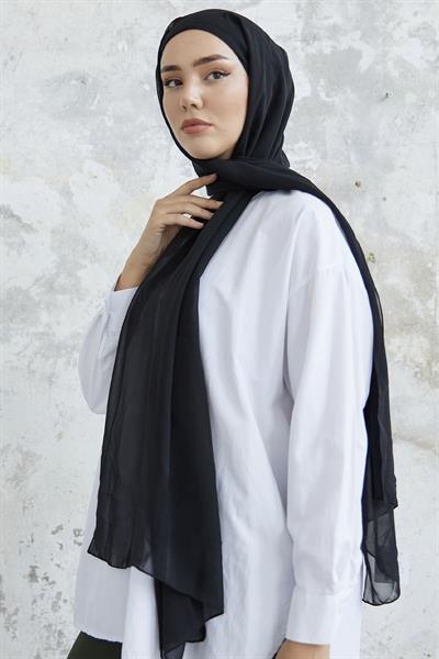 Kendinden Boneli Siyah Şifon Şal