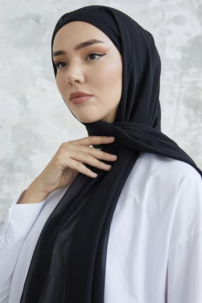 Kendinden Boneli Siyah Şifon Şal