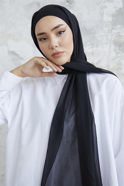 Kendinden Boneli Siyah Şifon Şal