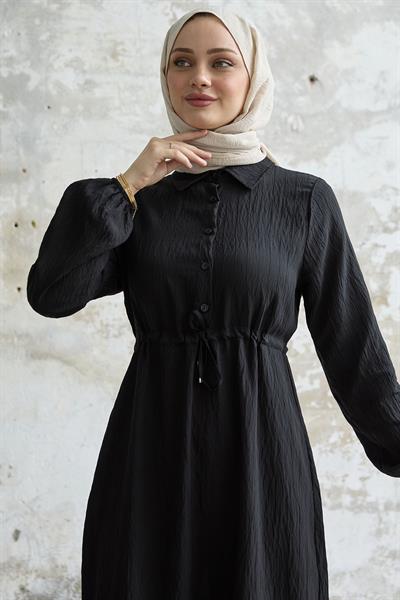 Kendinden Çizgili Monako Siyah Elbise