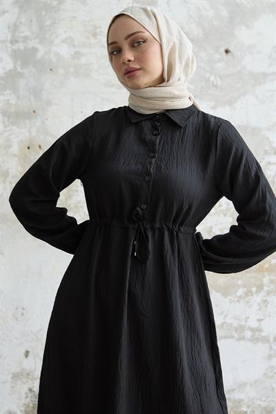 Kendinden Çizgili Monako Siyah Elbise