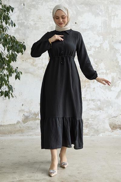 Kendinden Çizgili Monako Siyah Elbise