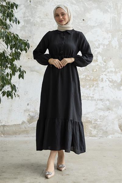 Kendinden Çizgili Monako Siyah Elbise