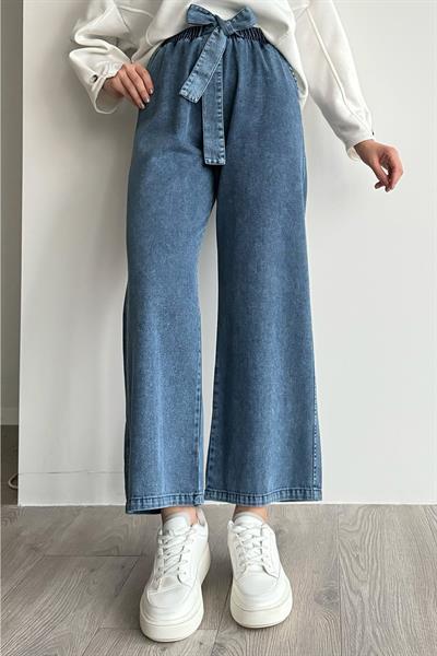 Kendinden Kemerli Mavi Kot Pantolon