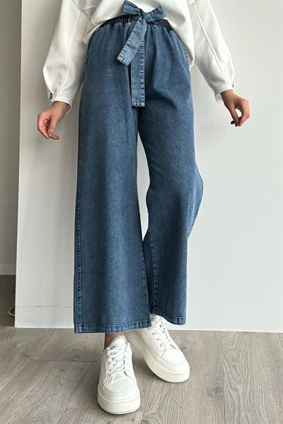 Kendinden Kemerli Mavi Kot Pantolon