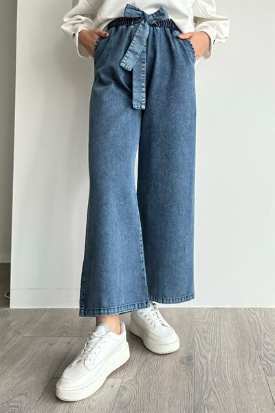 Kendinden Kemerli Mavi Kot Pantolon