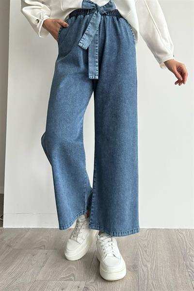 Kendinden Kemerli Mavi Kot Pantolon