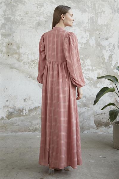 Kendinden Kuşaklı Desenli Gül Kurusu Elbise