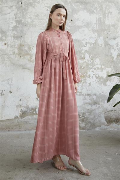 Kendinden Kuşaklı Desenli Gül Kurusu Elbise