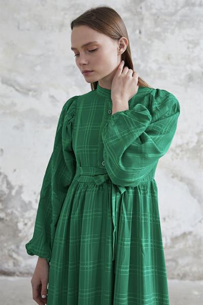 Kendinden Kuşaklı Desenli Yeşil Elbise