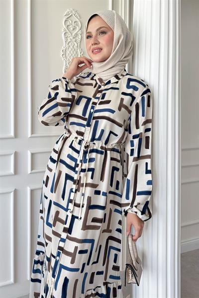 Kesik Çizgi Desen Mavi Viskon Elbise