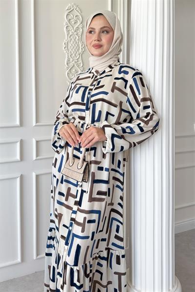 Kesik Çizgi Desen Mavi Viskon Elbise