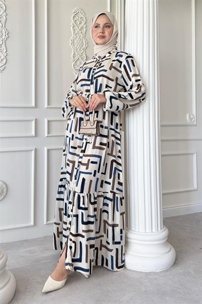 Kesik Çizgi Desen Mavi Viskon Elbise