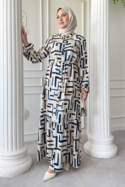 Kesik Çizgi Desen Mavi Viskon Elbise