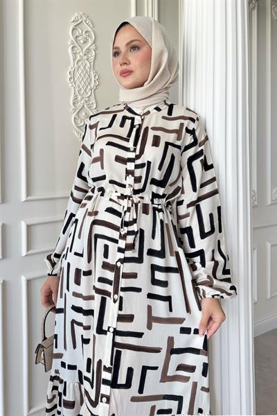 Kesik Çizgi Desen Siyah Viskon Elbise