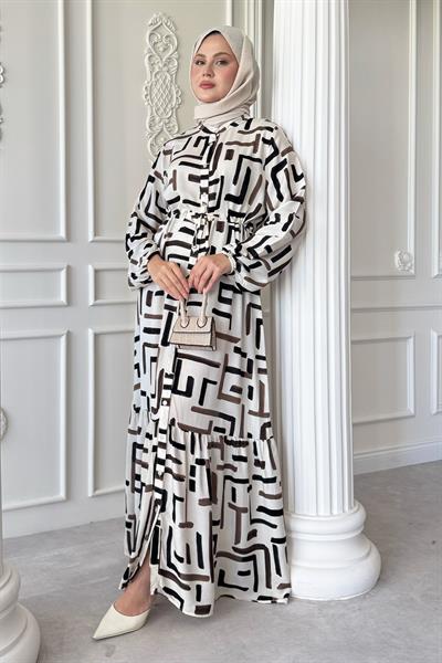 Kesik Çizgi Desen Siyah Viskon Elbise