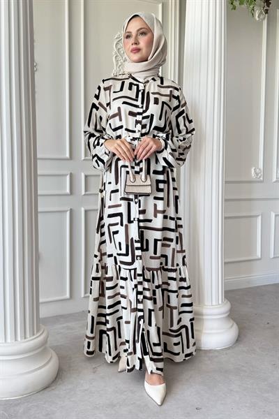 Kesik Çizgi Desen Siyah Viskon Elbise