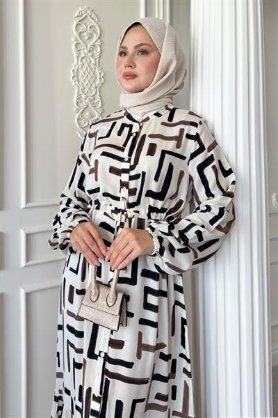 Kesik Çizgi Desen Siyah Viskon Elbise