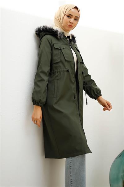 Kesik Ön Cep Detay İçi Kürklü Kaban - Haki