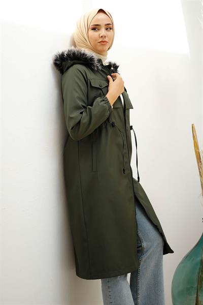 Kesik Ön Cep Detay İçi Kürklü Kaban - Haki