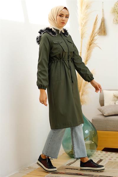 Kesik Ön Cep Detay İçi Kürklü Kaban - Haki