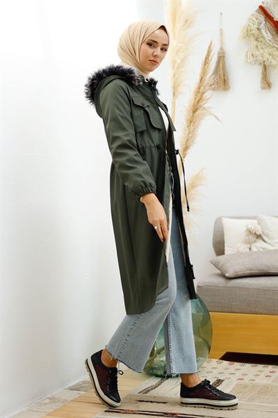 Kesik Ön Cep Detay İçi Kürklü Kaban - Haki